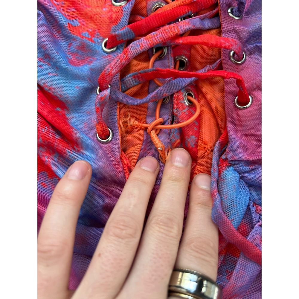 Outcast Madrid XS Red Purple Tie Dye Ruched Mesh Lace Up Ruffle Mini Dress - Picture 6 of 7